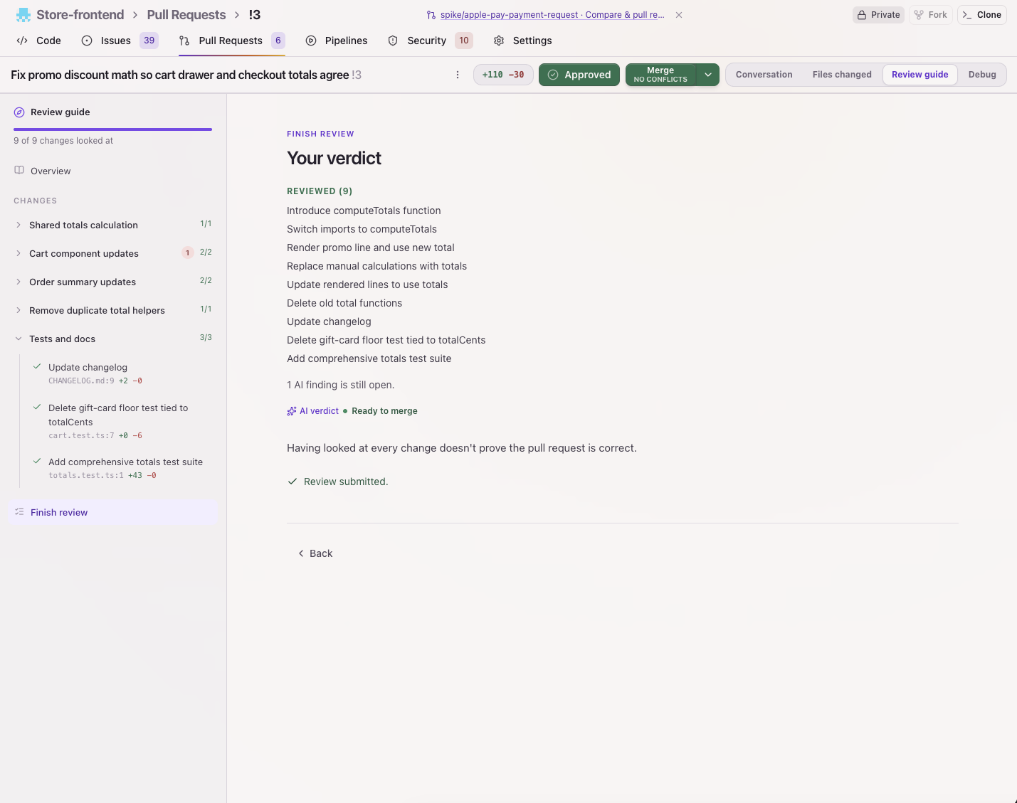 Ein geführtes Review in Gitoro wird abgeschlossen: Jede Änderung ist angesehen, und das eigene Urteil des Reviewers ist abgegeben